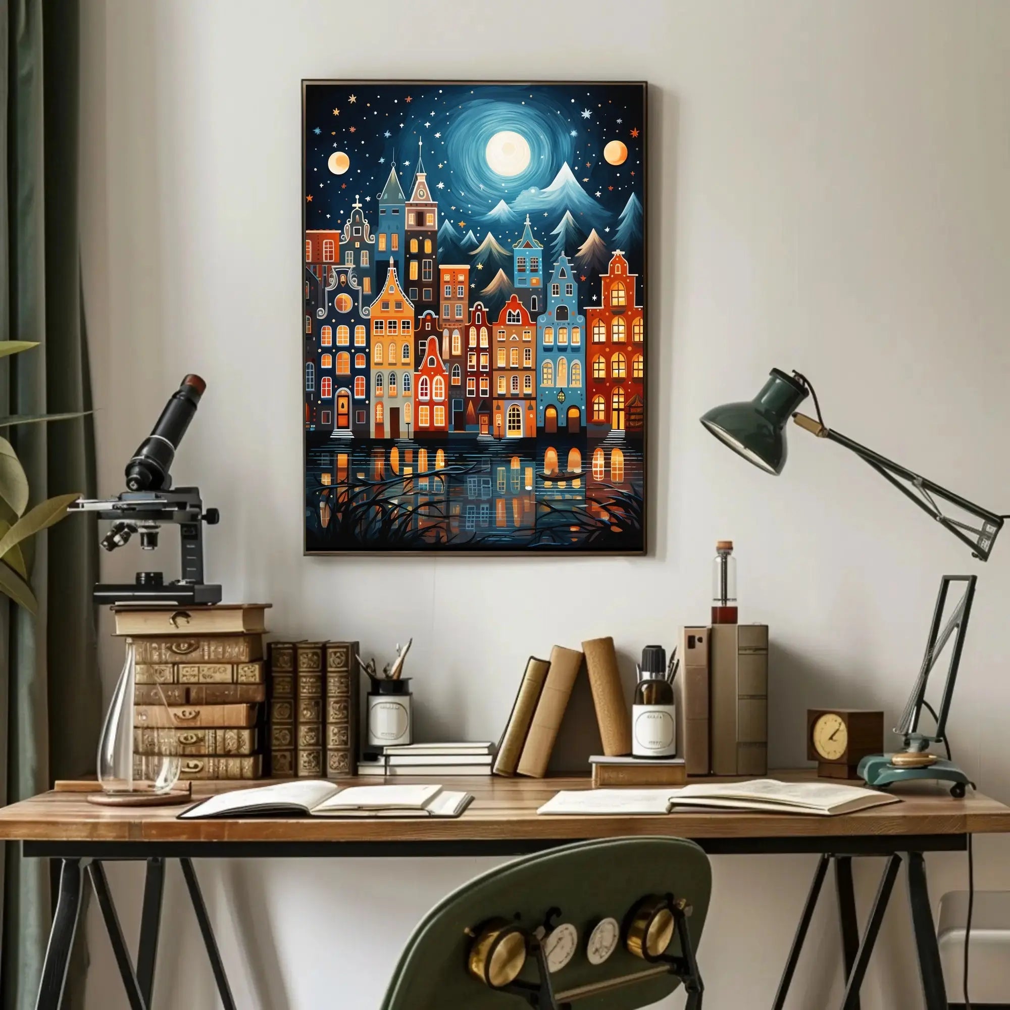 Whimsical European Cityscape at Night Artistic Poster PosterGoat