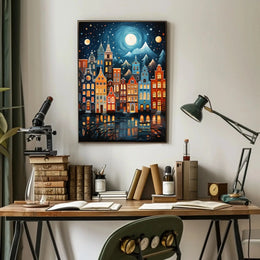 Whimsical European Cityscape at Night Artistic Poster PosterGoat