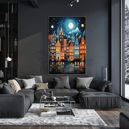 Whimsical European Cityscape at Night Artistic Poster PosterGoat