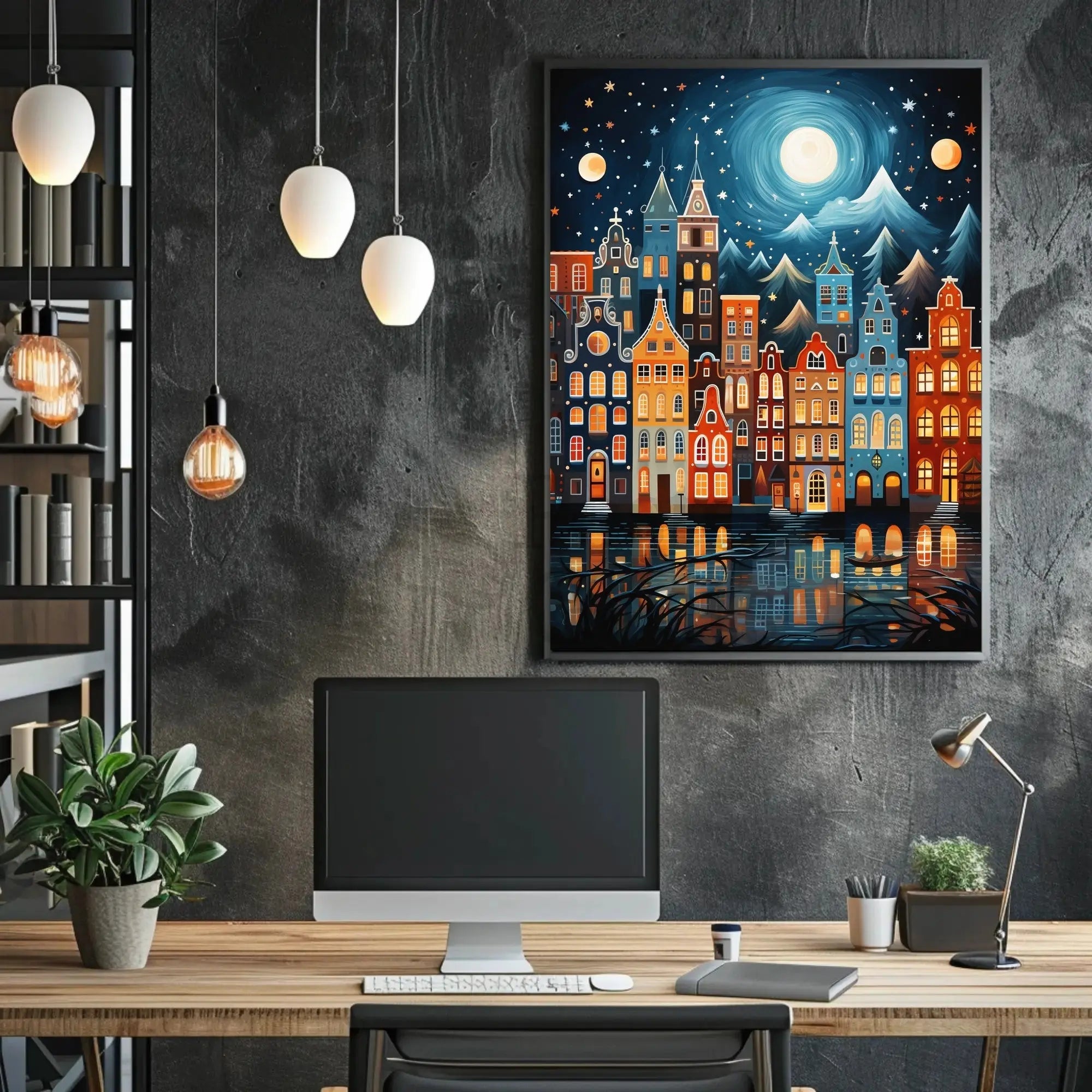 Whimsical European Cityscape at Night Artistic Poster PosterGoat