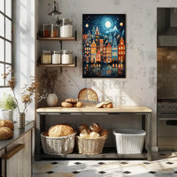 Whimsical European Cityscape at Night Artistic Poster PosterGoat
