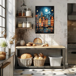 Whimsical European Cityscape at Night Artistic Poster PosterGoat