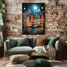 Whimsical European Cityscape at Night Artistic Poster PosterGoat