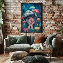 Whimsical Fantasy Girl with Mushrooms Artistic Poster PosterGoat