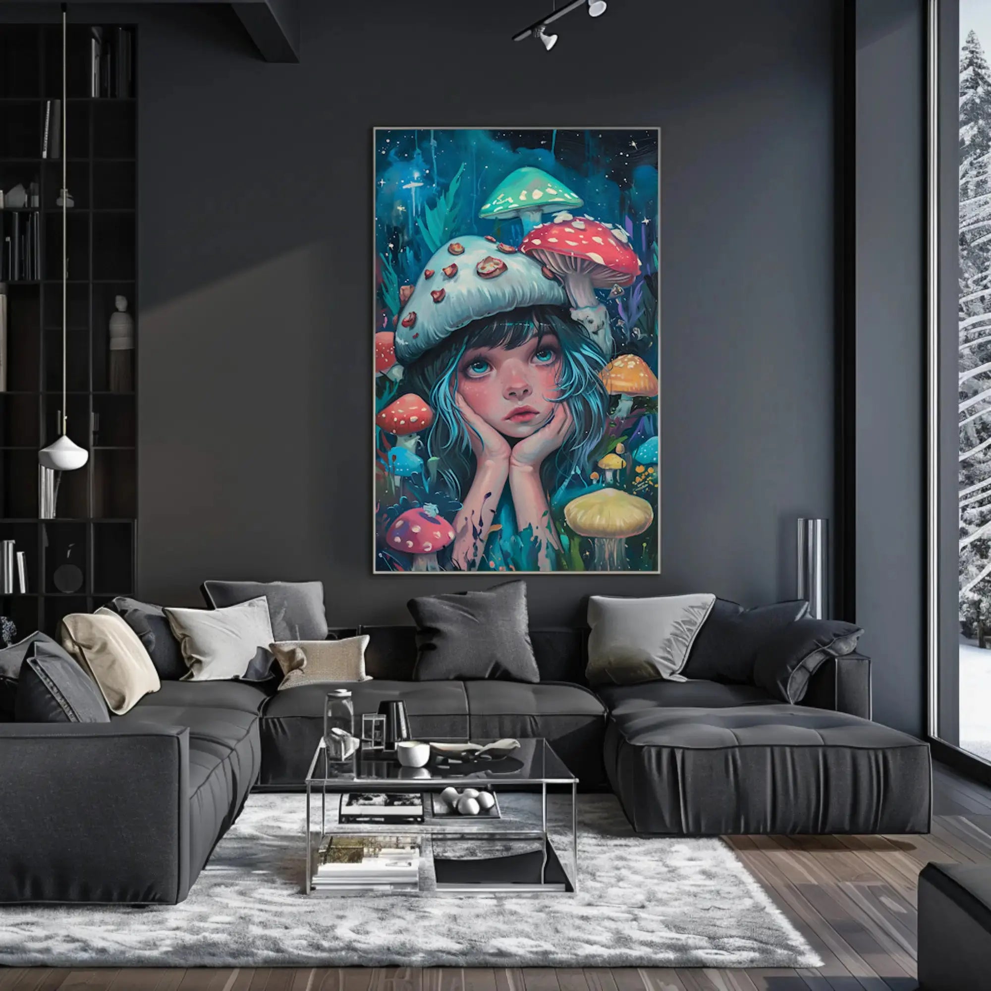 Whimsical Fantasy Girl with Mushrooms Artistic Poster PosterGoat