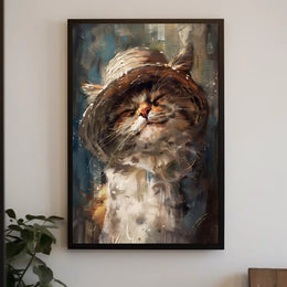 Whimsical Fluffy Cat in Straw Hat Animal Poster PosterGoat
