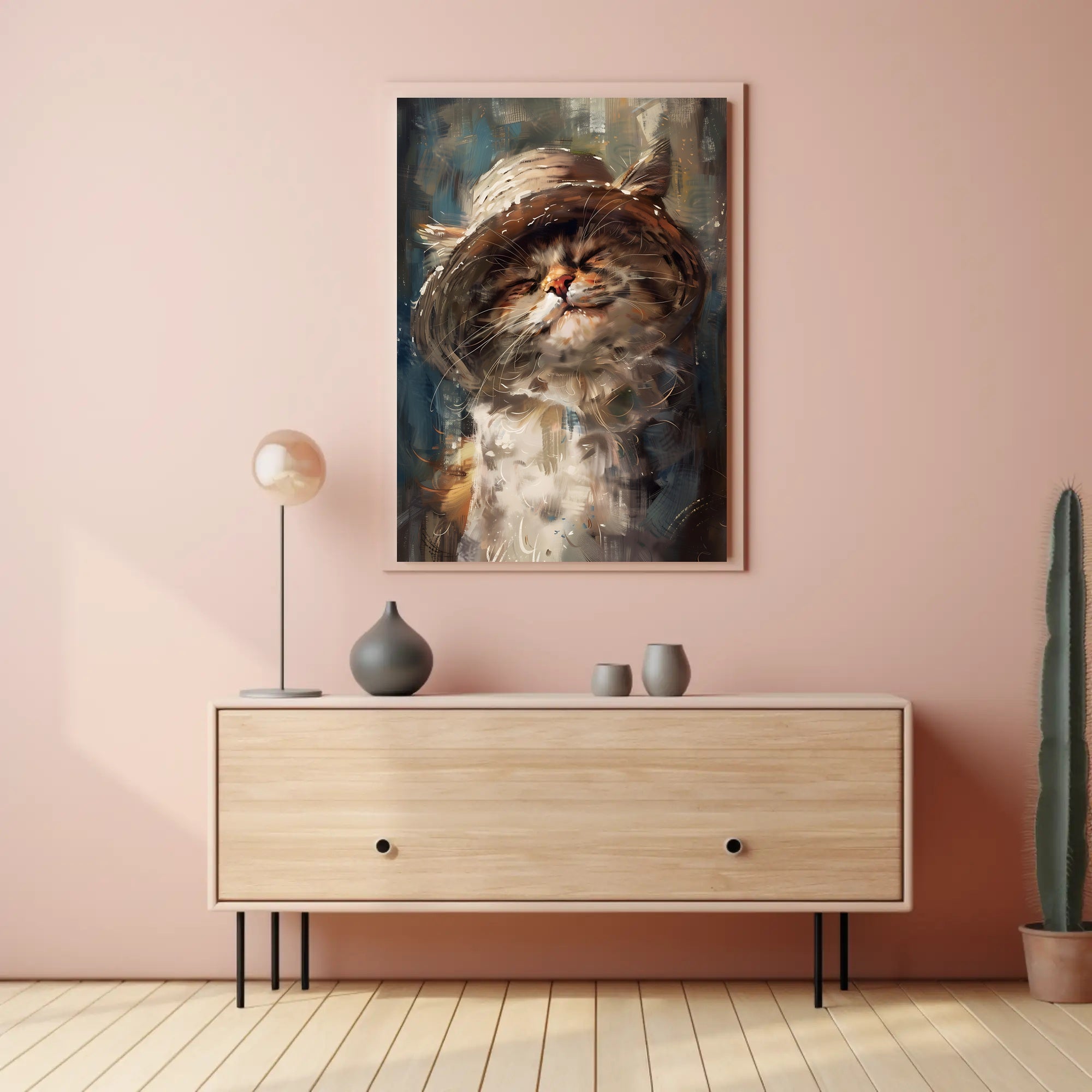 Whimsical Fluffy Cat in Straw Hat Animal Poster PosterGoat