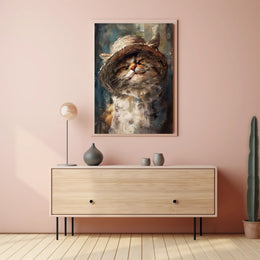 Whimsical Fluffy Cat in Straw Hat Animal Poster PosterGoat
