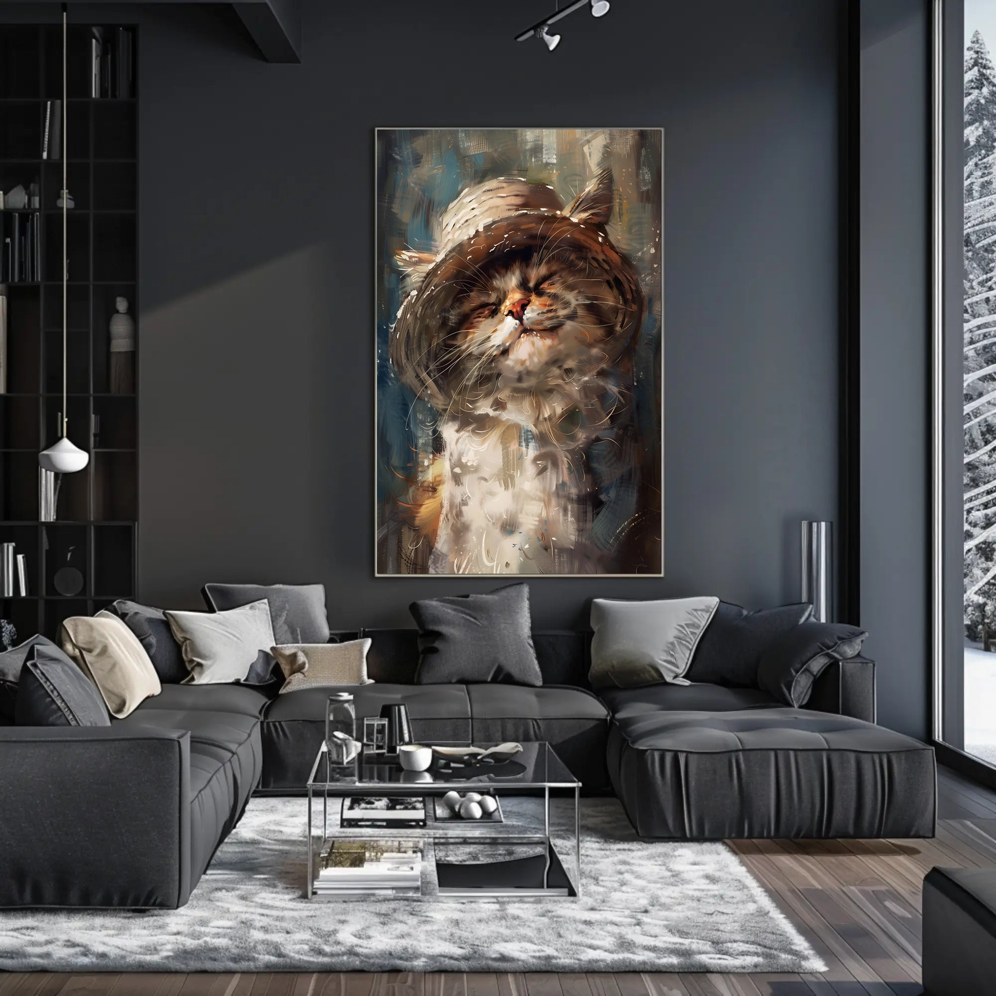 Whimsical Fluffy Cat in Straw Hat Animal Poster PosterGoat