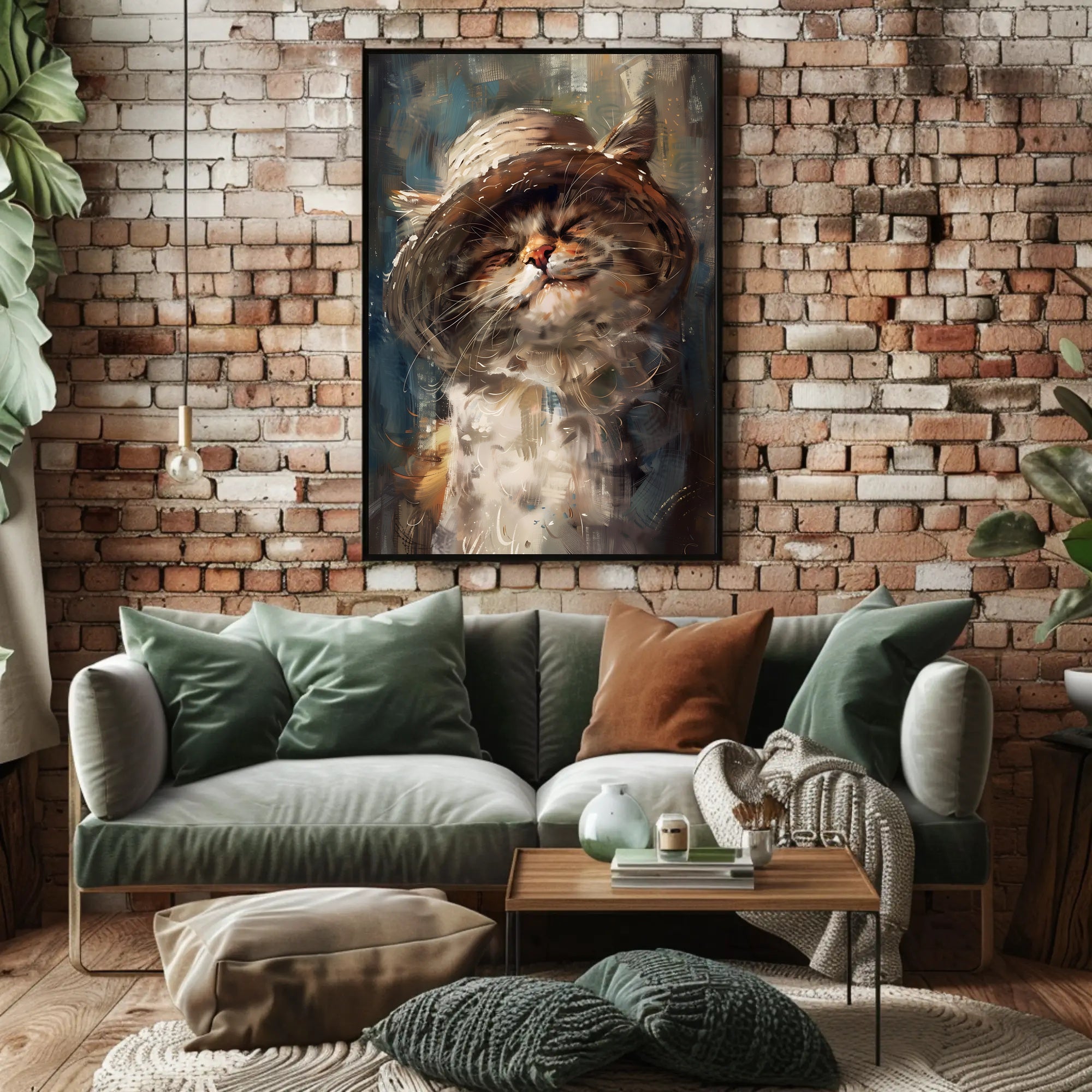 Whimsical Fluffy Cat in Straw Hat Animal Poster PosterGoat