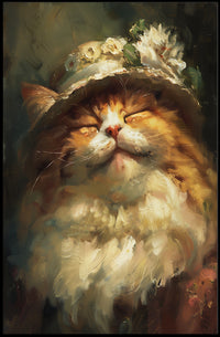 Whimsical Fluffy Cat with Floral Hat Animal Poster PosterGoat