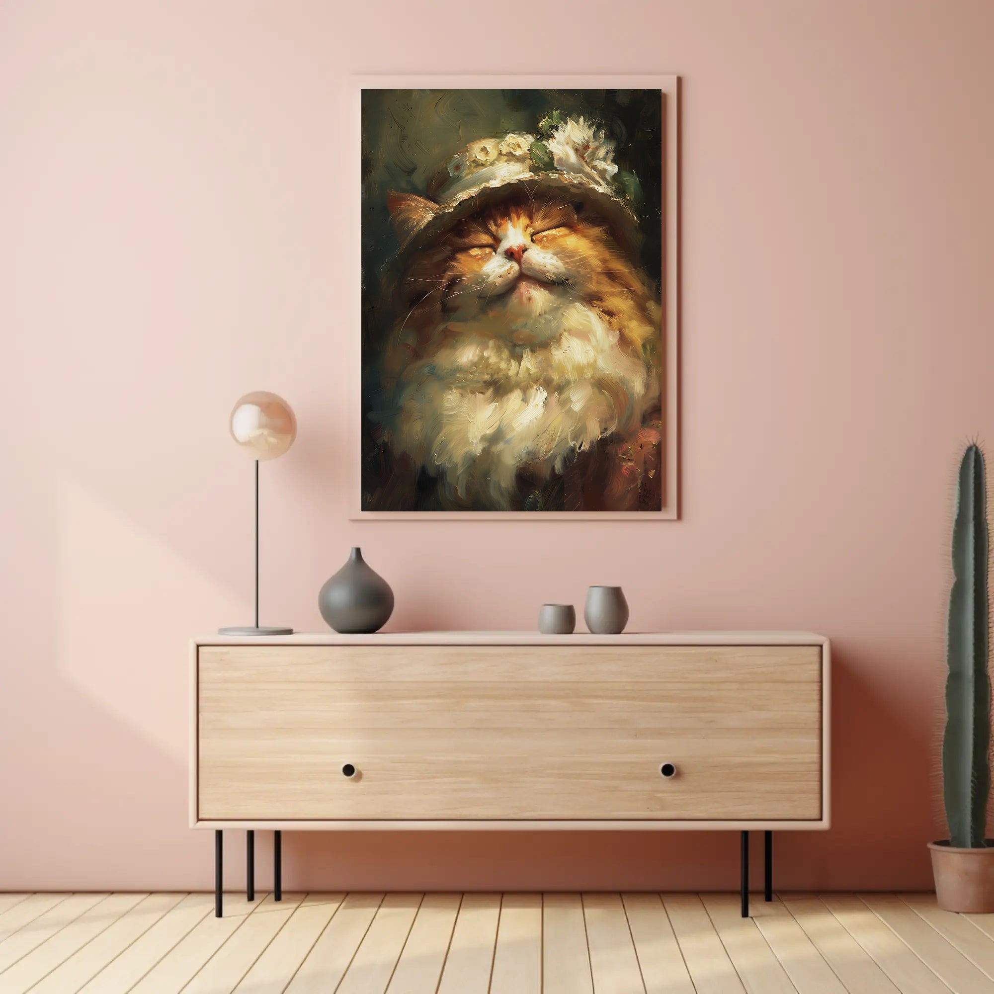 Whimsical Fluffy Cat with Floral Hat Animal Poster PosterGoat