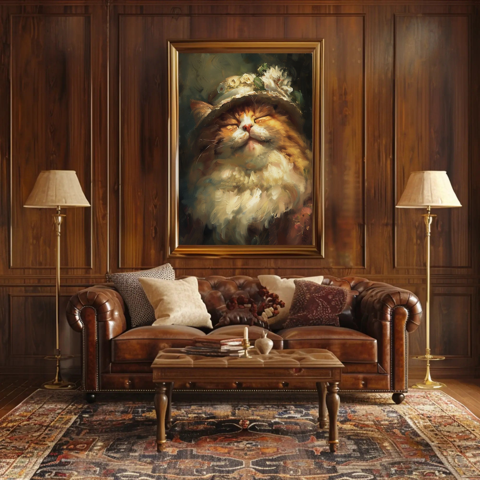 Whimsical Fluffy Cat with Floral Hat Animal Poster PosterGoat