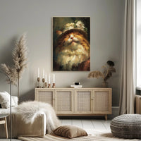 Whimsical Fluffy Cat with Floral Hat Animal Poster PosterGoat