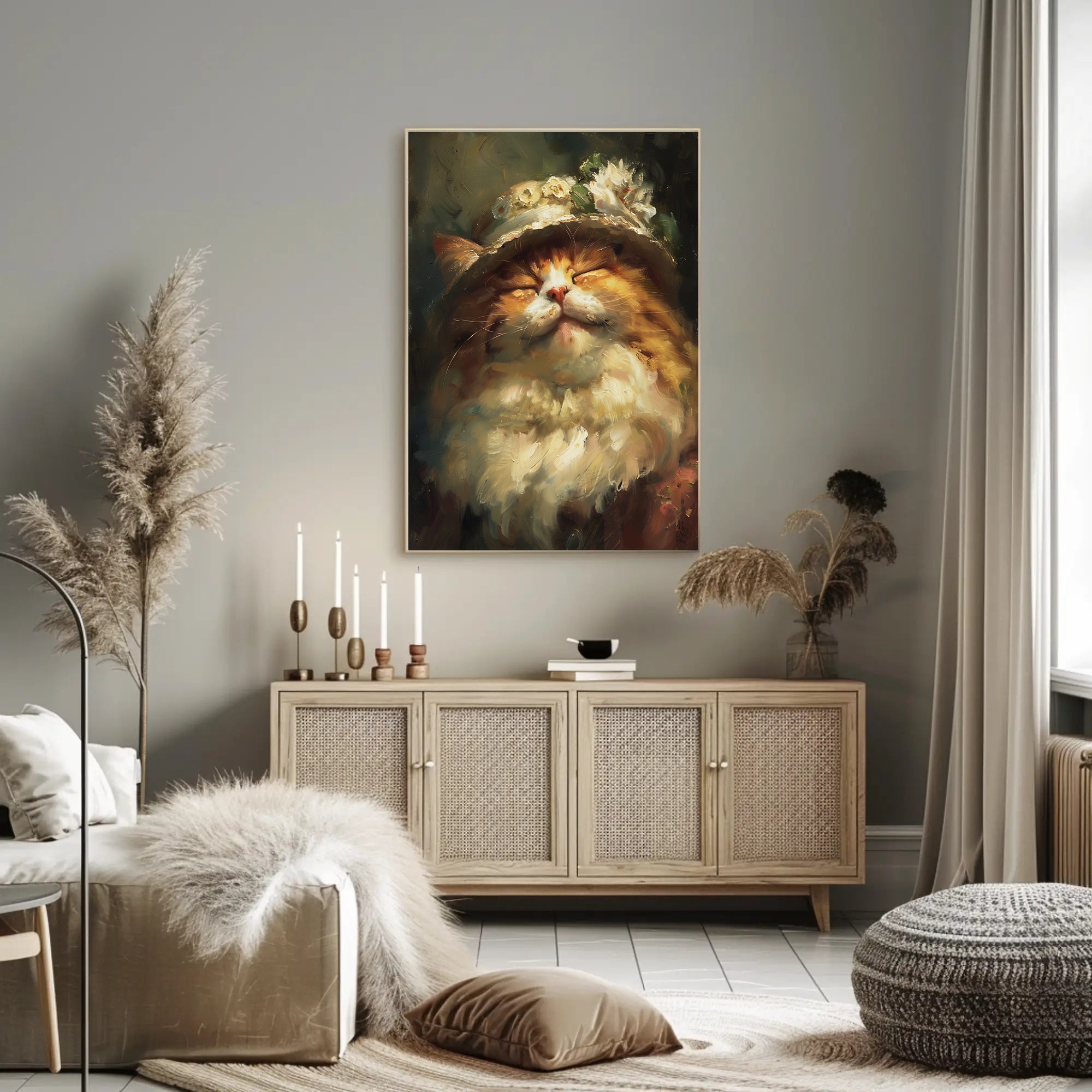 Whimsical Fluffy Cat with Floral Hat Animal Poster PosterGoat