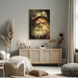Whimsical Fluffy Cat with Floral Hat Animal Poster PosterGoat