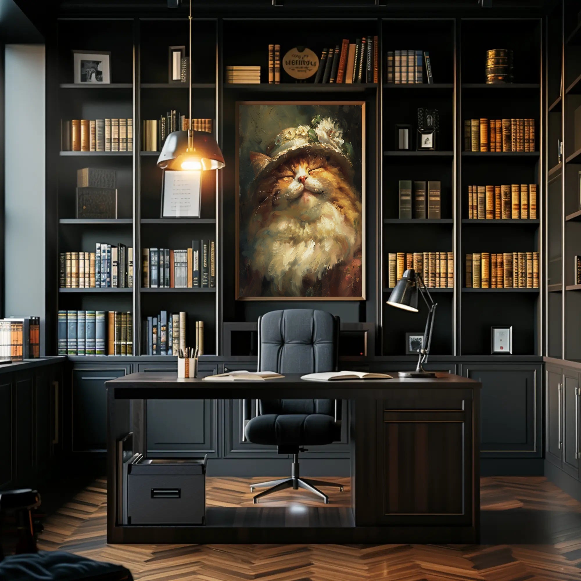 Whimsical Fluffy Cat with Floral Hat Animal Poster PosterGoat