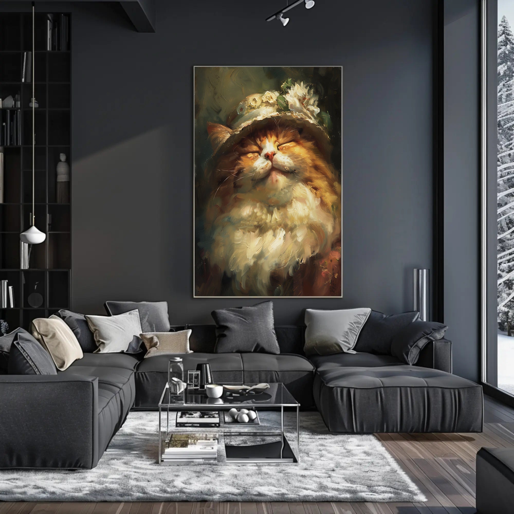 Whimsical Fluffy Cat with Floral Hat Animal Poster PosterGoat