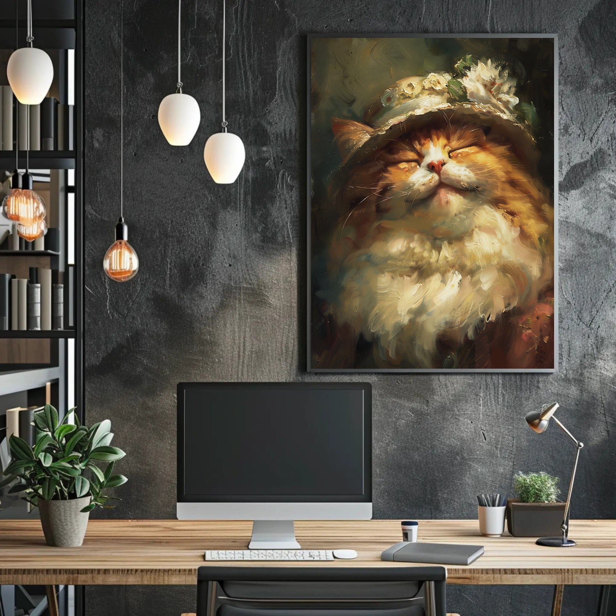 Whimsical Fluffy Cat with Floral Hat Animal Poster PosterGoat