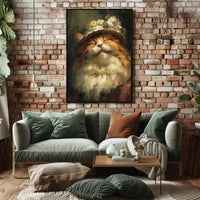 Whimsical Fluffy Cat with Floral Hat Animal Poster PosterGoat