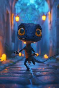 Whimsical Gecko Adventure in Fantasy Village Animal Poster PosterGoat