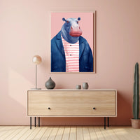 Whimsical Hippo in Fashionable Attire Animal Poster PosterGoat