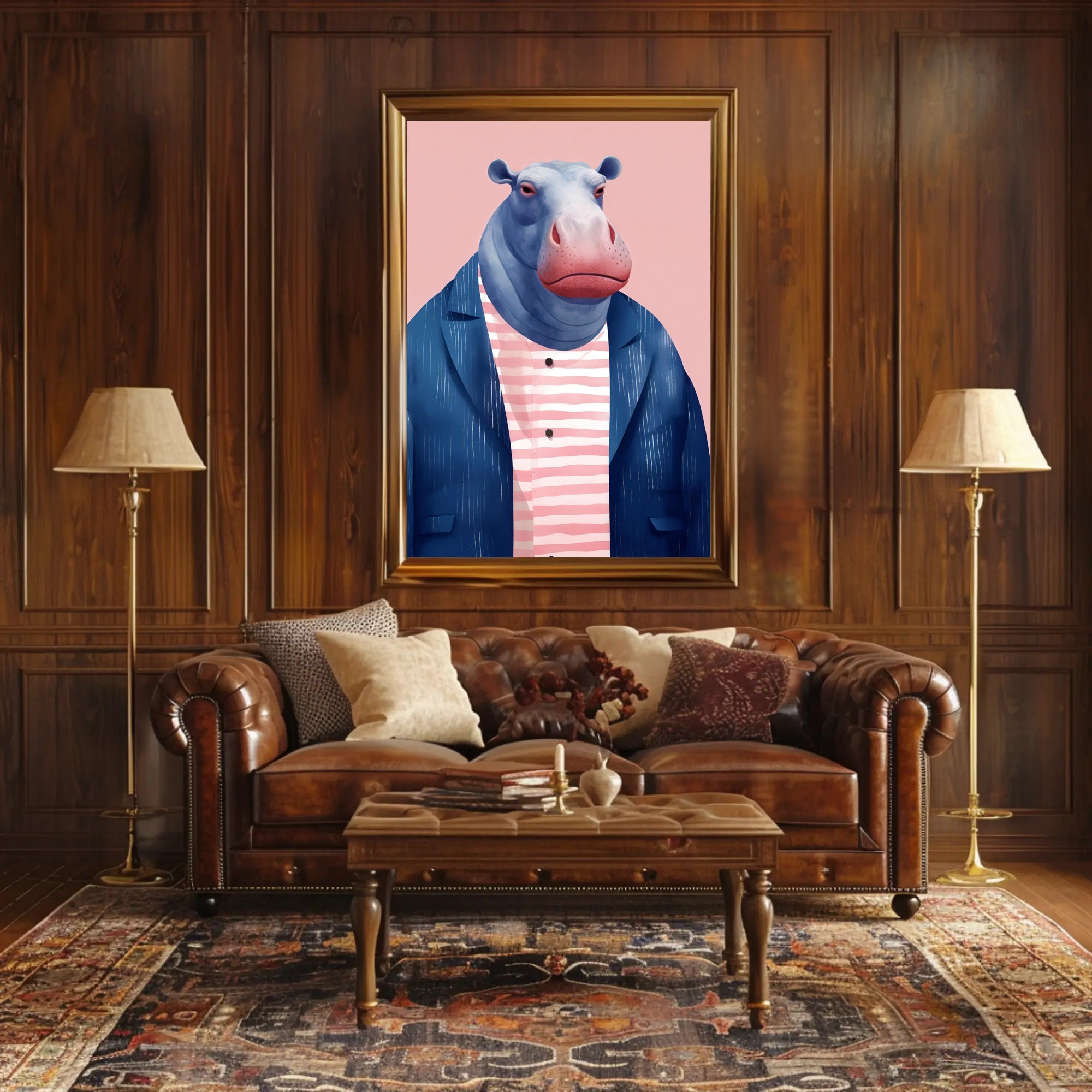 Whimsical Hippo in Fashionable Attire Animal Poster PosterGoat