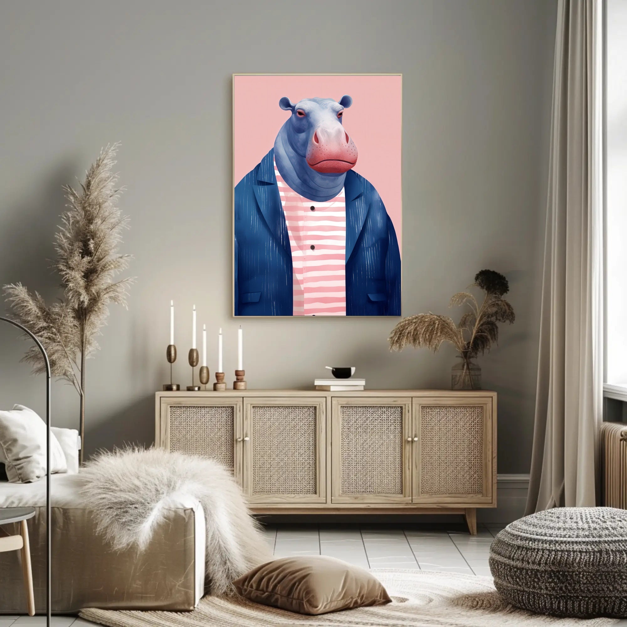 Whimsical Hippo in Fashionable Attire Animal Poster PosterGoat