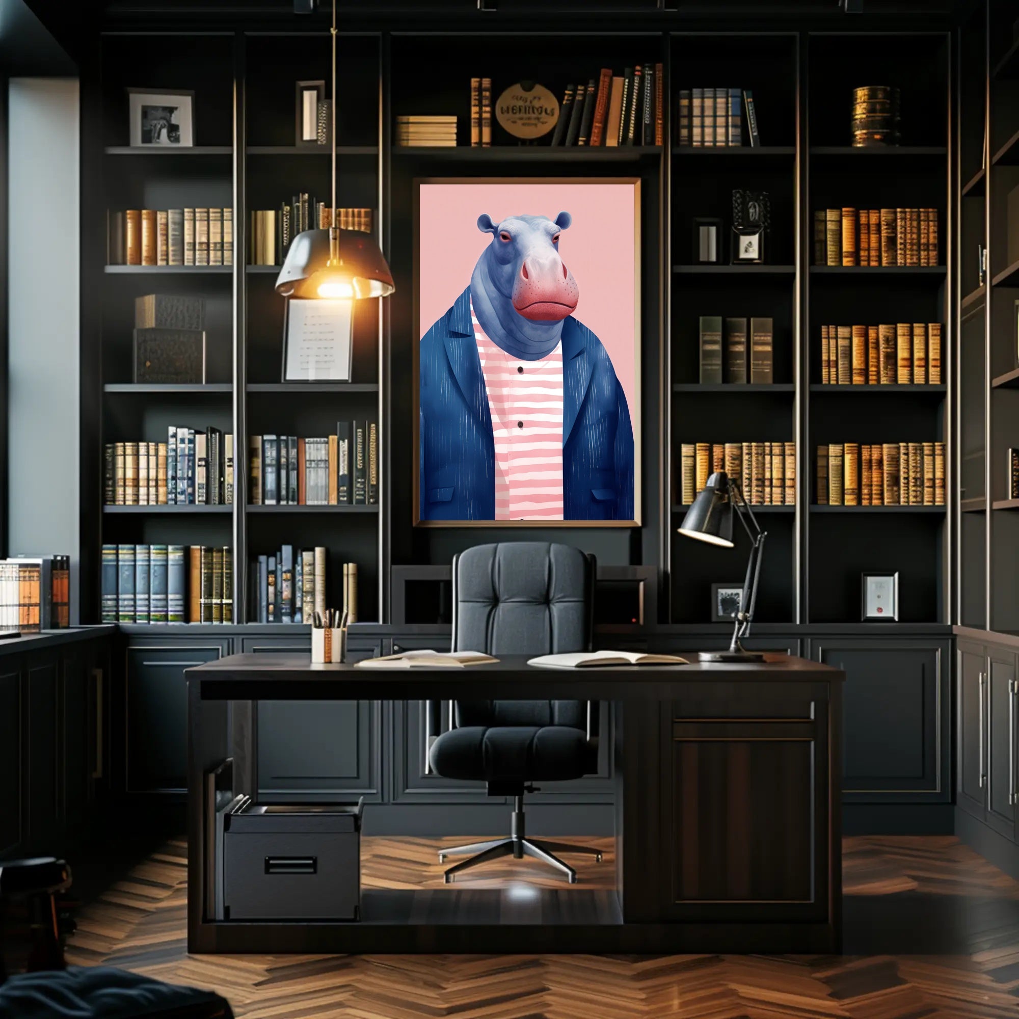 Whimsical Hippo in Fashionable Attire Animal Poster PosterGoat