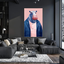 Whimsical Hippo in Fashionable Attire Animal Poster PosterGoat