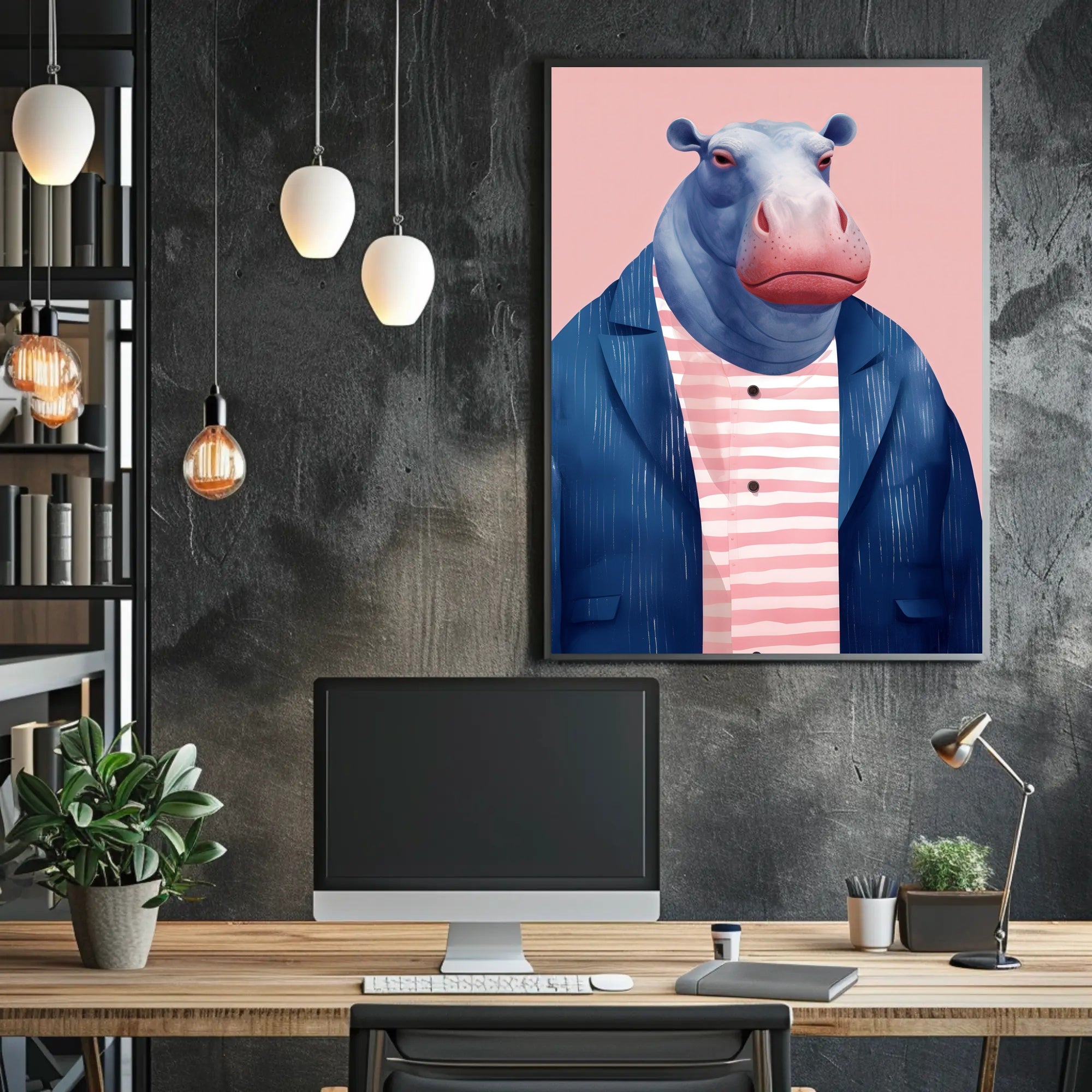 Whimsical Hippo in Fashionable Attire Animal Poster PosterGoat