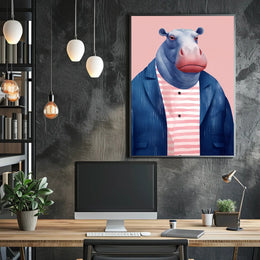 Whimsical Hippo in Fashionable Attire Animal Poster PosterGoat