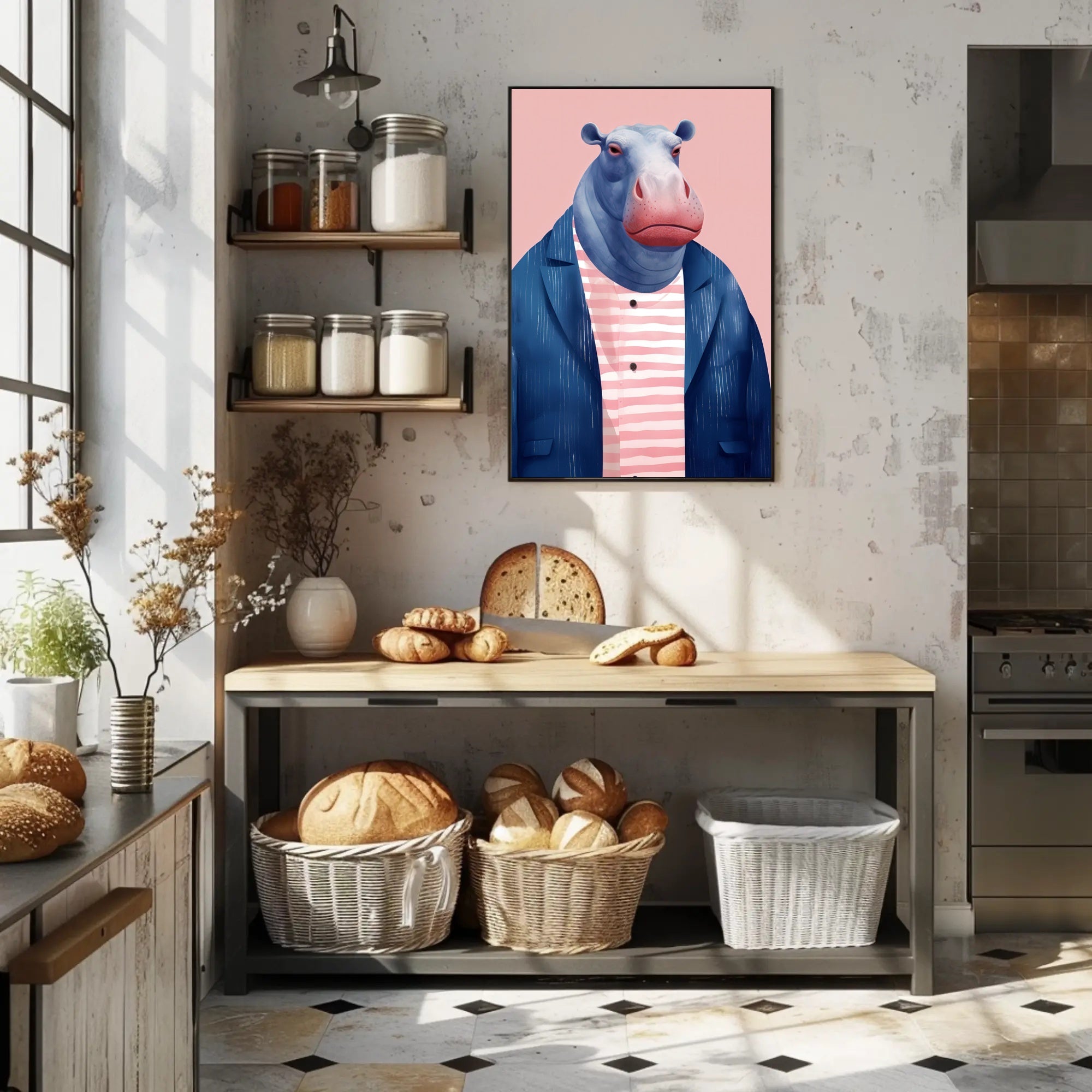 Whimsical Hippo in Fashionable Attire Animal Poster PosterGoat