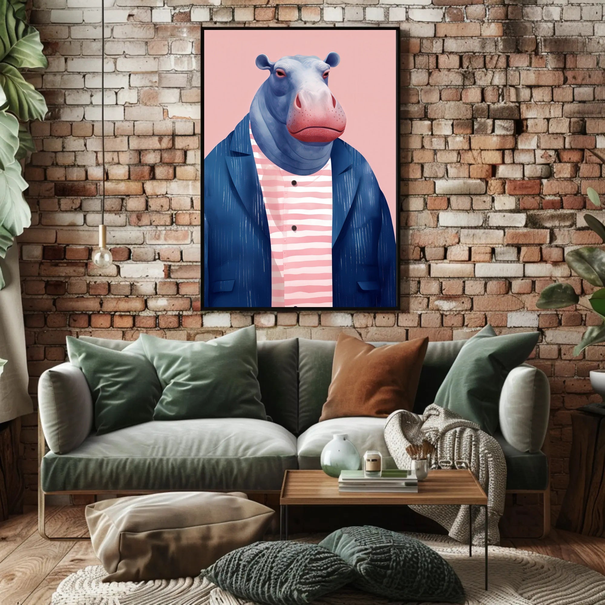 Whimsical Hippo in Fashionable Attire Animal Poster PosterGoat