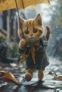 Whimsical Kitten in Rainy Autumn Scene Animal Poster PosterGoat
