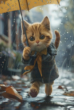 Whimsical Kitten in Rainy Autumn Scene Animal Poster PosterGoat