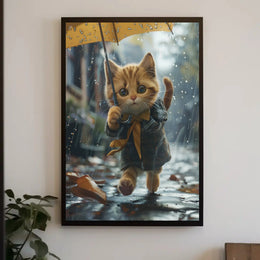 Whimsical Kitten in Rainy Autumn Scene Animal Poster PosterGoat