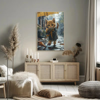 Whimsical Kitten in Rainy Autumn Scene Animal Poster PosterGoat