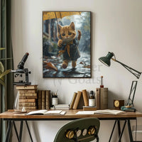 Whimsical Kitten in Rainy Autumn Scene Animal Poster PosterGoat