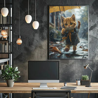 Whimsical Kitten in Rainy Autumn Scene Animal Poster PosterGoat