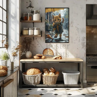 Whimsical Kitten in Rainy Autumn Scene Animal Poster PosterGoat