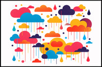 Whimsical Multicolored Clouds Raindrops Abstract Artistic Poster PosterGoat
