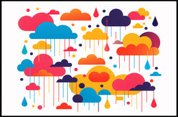 Whimsical Multicolored Clouds Raindrops Abstract Artistic Poster PosterGoat
