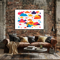 Whimsical Multicolored Clouds Raindrops Abstract Artistic Poster PosterGoat