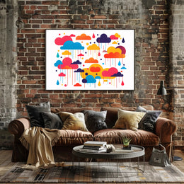 Whimsical Multicolored Clouds Raindrops Abstract Artistic Poster PosterGoat