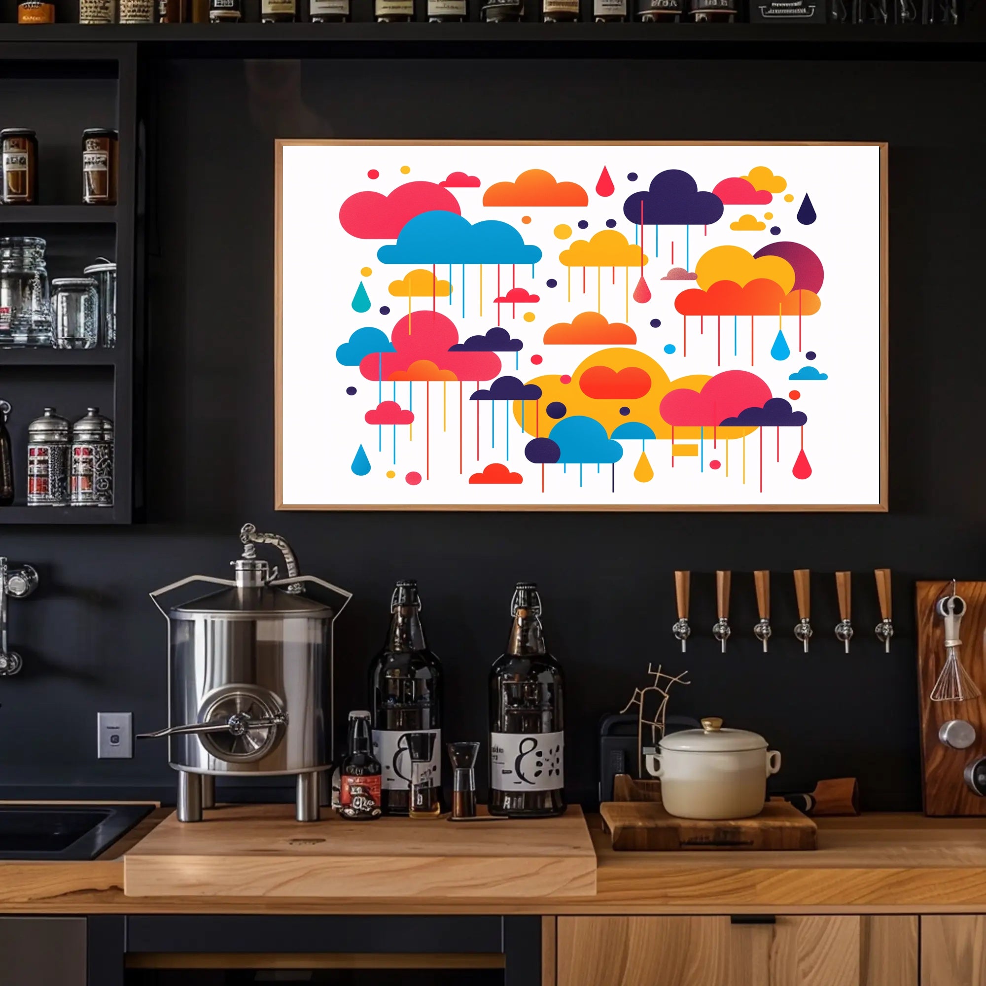 Whimsical Multicolored Clouds Raindrops Abstract Artistic Poster PosterGoat