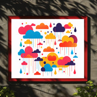 Whimsical Multicolored Clouds Raindrops Abstract Artistic Poster PosterGoat