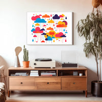 Whimsical Multicolored Clouds Raindrops Abstract Artistic Poster PosterGoat