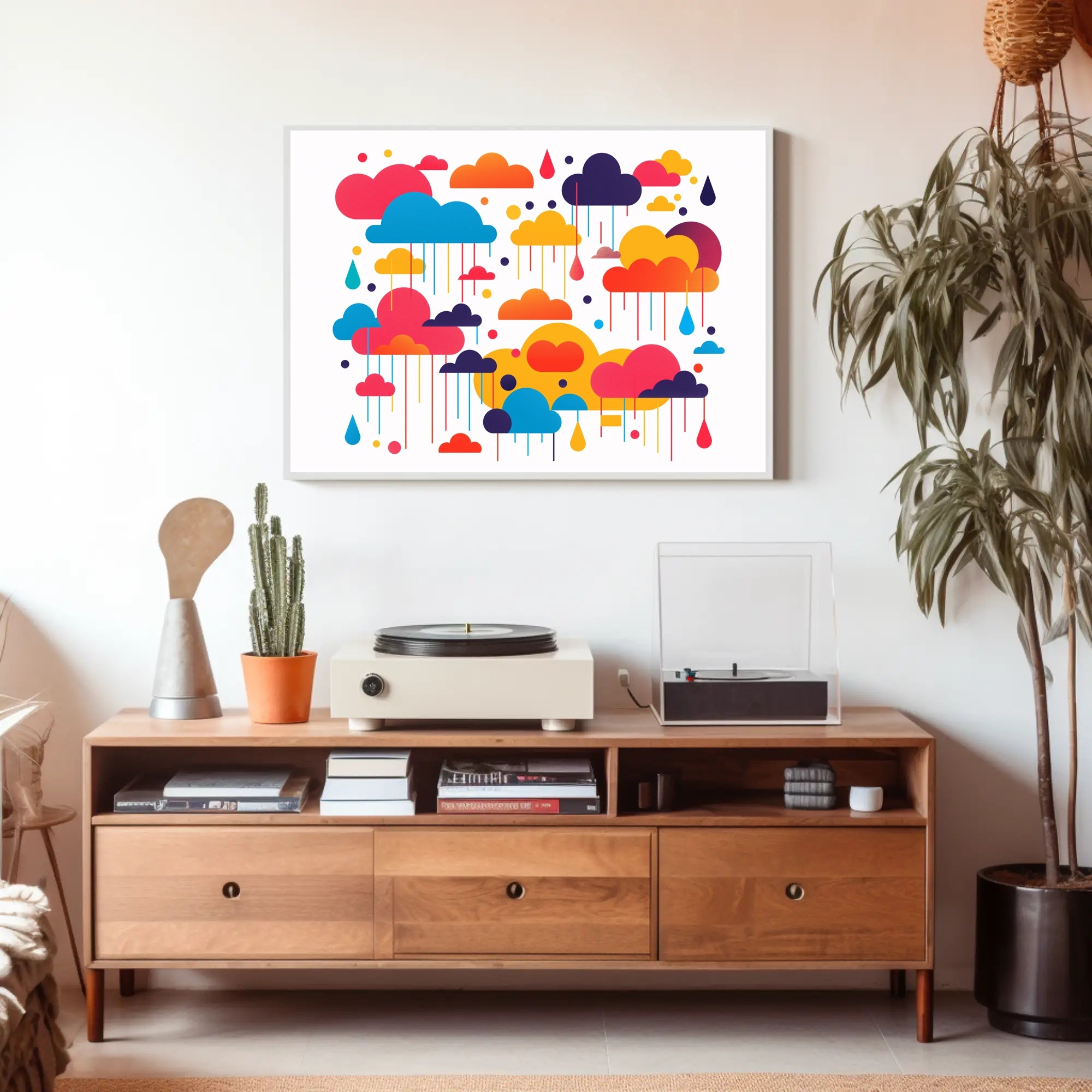 Whimsical Multicolored Clouds Raindrops Abstract Artistic Poster PosterGoat