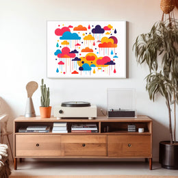 Whimsical Multicolored Clouds Raindrops Abstract Artistic Poster PosterGoat